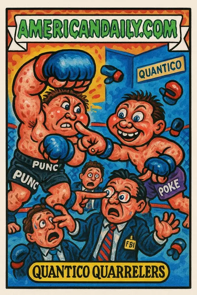 Trading card illustration of two grotesque UFC fighters training terrified FBI agents at Quantico, with exaggerated punches and pokes.