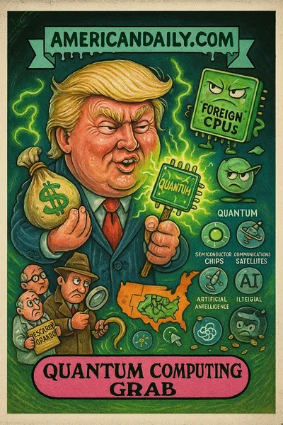 quantum computing, U.S. government stakes, rare earths, chips, China tech competition, parody card