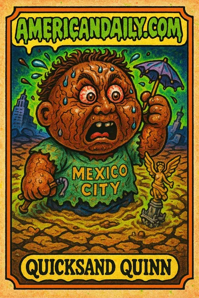 A grotesque character, Quicksand Quinn, with a massive head, representing Mexico City's rapid sinking, amidst a chaotic, cracked earth background.