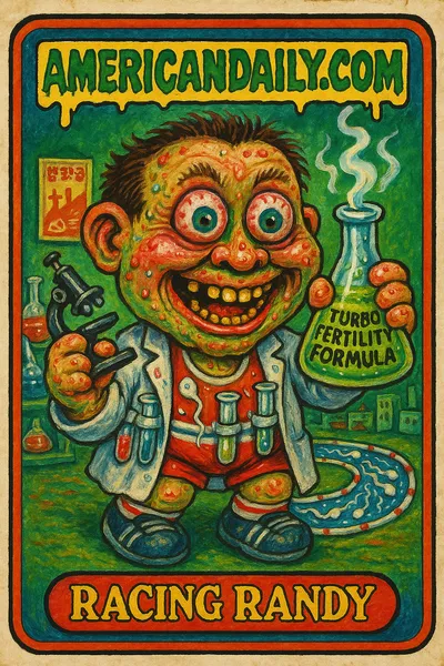 Grotesque cartoon of Racing Randy in a lab coat on a sperm racetrack, using a microscope as a race flag, adorned with bizarre sperm motifs.