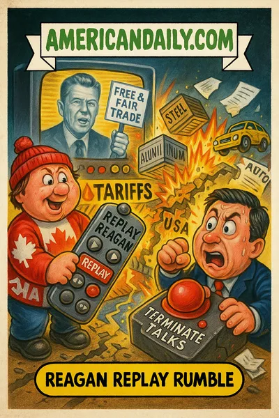 Keyboard only Humanized Result Parody trading card showing a Canadian figure using a giant remote control labeled "REPLAY REAGAN" to rewind a Reagan speech onto a "TARIFFS" panel, contrasted with a U.S. negotiator slamming a big red button marked "TERMINATE TALKS," amid exploding trucks and steel bundles. Top banner "AMERICANDAILY.COM."