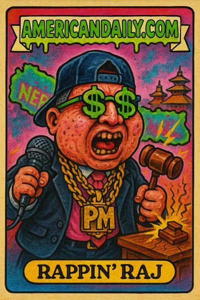 Grotesque cartoon of a rapper-politician with massive head, gold chains, and microphone in a garishly neon Nepali backdrop.