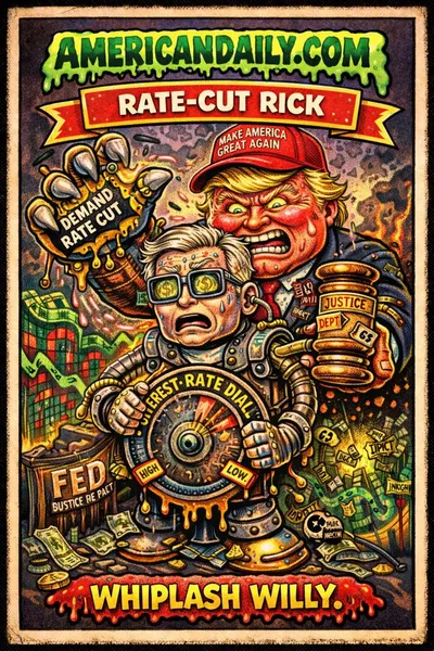 Satirical Garbage Pail Kids-style cartoon of an anxious robotic Jerome Powell clutching an interest rate dial while a hulking Trump figure wields a giant claw and gavel, set against melting financial charts.