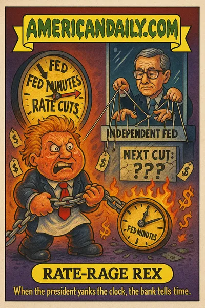 Cartoon trading card showing "Rate-Rage Rex," a rancorous figure in a bank-apron tugging chains attached to a large clock labelled "Fed Minutes → Rate Cuts", behind him a calm puppet-master figure in a glass chamber labelled "Independent Fed" manipulates levers marked "Inflation", "Jobs", "Growth"; falling price-tags and sizzling dollar signs surround them; top banner reads "AMERICANDAILY.COM", bottom nameplate "RATE-RAGE REX" with caption "When the president yanks the clock, the bank tells time."