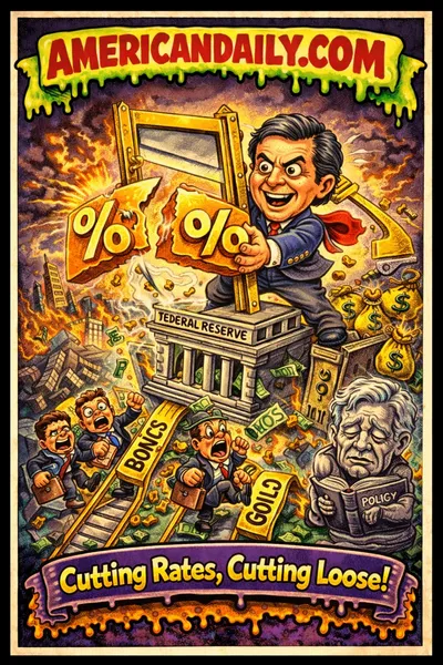 A satirical trading card capturing the chaos and speculation rippling through markets after Trump's nomination of Kevin Warsh as the next Federal Reserve chair.