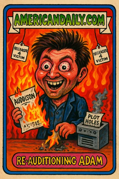 A grotesque caricature of Adam Scott with wild hair, huge eyes, and a burnt 'Hellraiser 6' script, set against a fiery hellish backdrop.