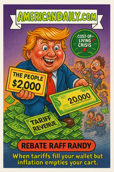 Cartoon trading card showing "Rebate Raff Randy," a wild caricature of Trump handing out giant checks atop a mound of cash marked "TARIFF REVENUE", shoppers in the background struggling with carts labelled "GROCERY" and "RENT", radar reading "COST-OF-LIVING CRISIS" behind, top banner "AMERICANDAILY.COM", bottom nameplate "REBATE RAFF RANDY" with caption "When tariffs fill your wallet but inflation empties your cart."