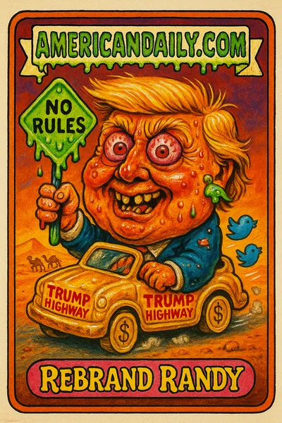A grotesque parody of Donald Trump in a gold car labeled 'Trump Highway', holding a slime-dripping road sign. Moroccan desert scene in the background.