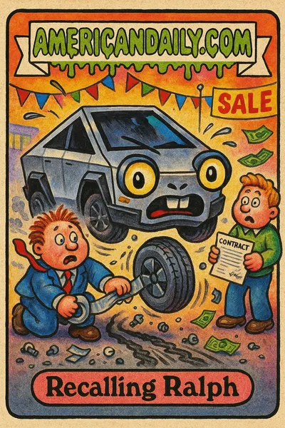 A grotesque caricature of a Tesla Cybertruck with detached wheels, exaggerated panicked features, in a chaotic car lot scene.