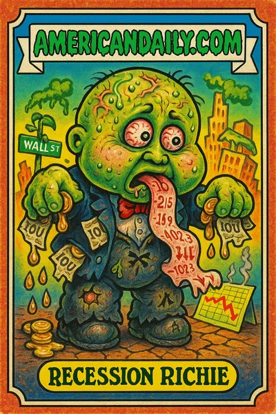 A satirical trading card showing Recession Richie, symbolizing economic downturn with grotesque features like a deflated suit and melting coins.
