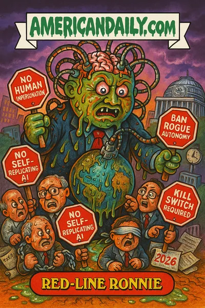 Cartoon of monstrous AI overlord standing over a cracked globe, surrounded by Nobel experts holding stop-sign paddles with AI red lines, UN building and treaties in background, top banner reading AMERICANDAILY.COM, bottom caption area.
