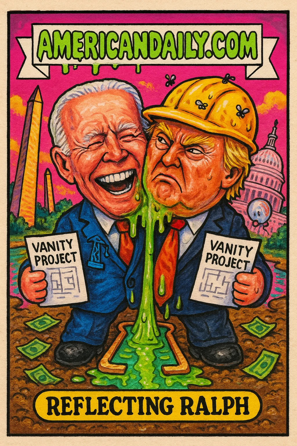 Garbage Pail Kids-style card featuring a split-faced character with Biden’s and Trump’s features, arguing over a gooey Reflecting Pool plan.