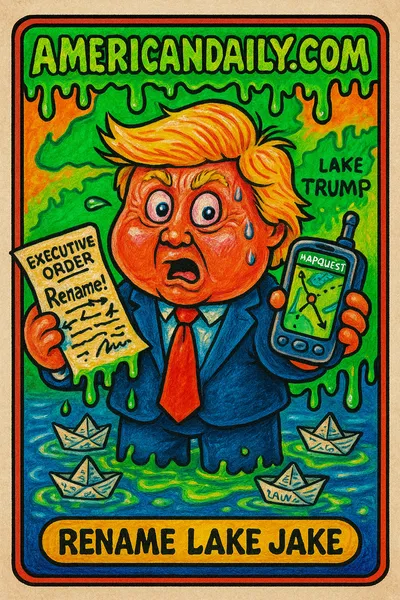A grotesque cartoon of Trump in a mini Lake Ontario, holding a GPS and executive order with a comical map backdrop.