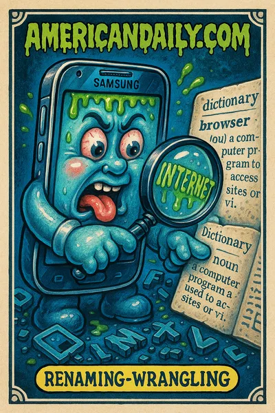 Cartoon Samsung phone with a browser icon in a goofy switcheroo scene.