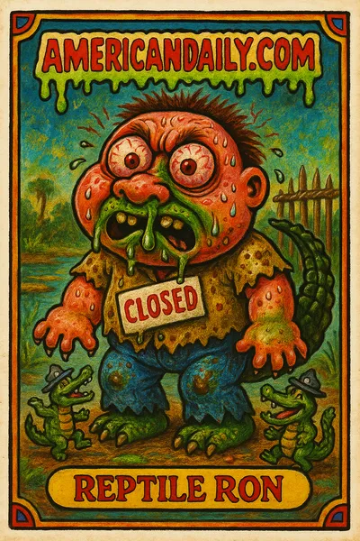A cartoonish, grotesque character 'Reptile Ron' surrounded by miniature alligator wardens in a swampy prison scene, signifying 'Alligator Alcatraz'.