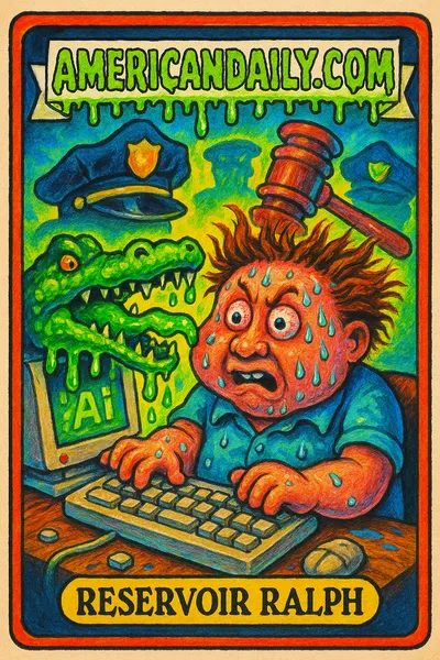 A frightened man at a computer, with a crocodile lunging from his screen, surrounded by digital chaos and symbols of his legal issues.