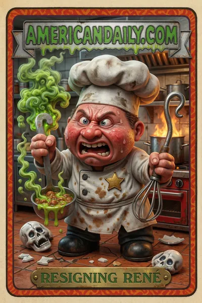 Grotesque chef with oversized hat, ladle, and a chaos-filled kitchen background, capturing the absurdity of resignation amidst scandal. — 3D version