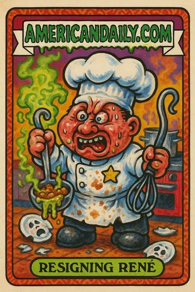 Grotesque chef with oversized hat, ladle, and a chaos-filled kitchen background, capturing the absurdity of resignation amidst scandal.