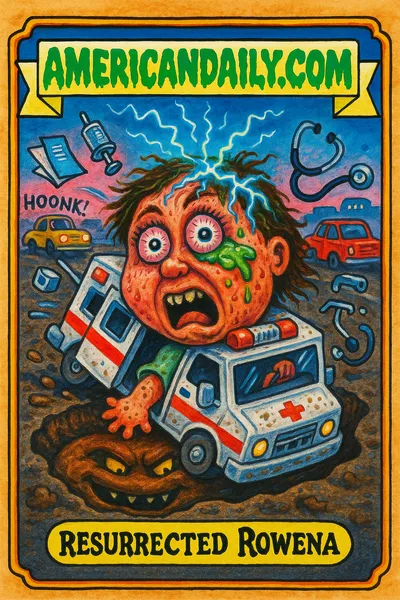 A grotesque caricature of a woman's revival inside a chaotic ambulance by a grinning pothole, with medical equipment and slime humorously exaggerating the scene.