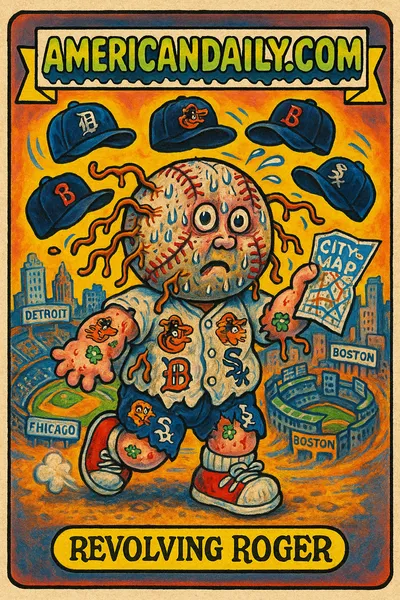 A grotesque baseball-headed player in a tattered jersey with multiple team logos, juggling hats from various teams with a confused expression.