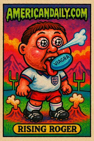 Cartoonish trading card of a grotesque football player 'Rising Roger' with huge head and a Viagra pill in mouth, set against Mexican mountains.