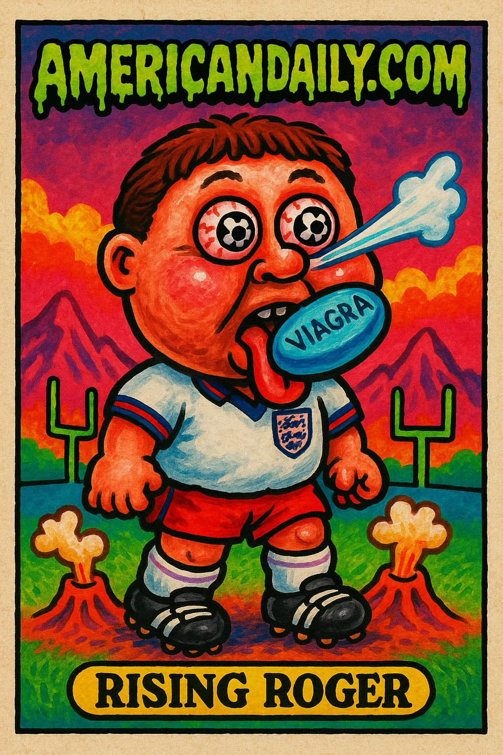 Cartoonish trading card of a grotesque football player 'Rising Roger' with huge head and a Viagra pill in mouth, set against Mexican mountains.