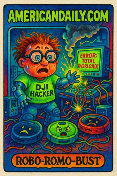 Cartoon 'Robo-Romo-Bust' in chaotic tech room with sparking robot vacuums.