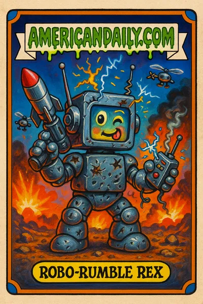 A satirical trading card depicting Robo-Rumble Rex, a robotic soldier with a comically oversized head and weapons, amidst a chaotic battlefield.