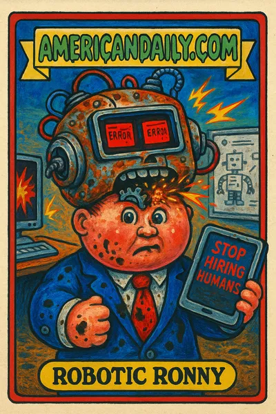 A trading card featuring Robotic Ronny, a grotesque half-human, half-robot character in a chaotic office scene, satirizing AI hiring advice.