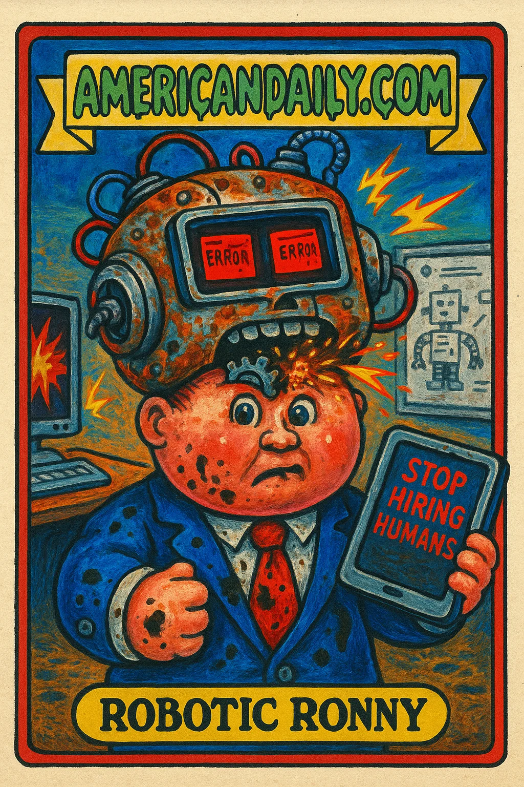 A trading card featuring Robotic Ronny, a grotesque half-human, half-robot character in a chaotic office scene, satirizing AI hiring advice.