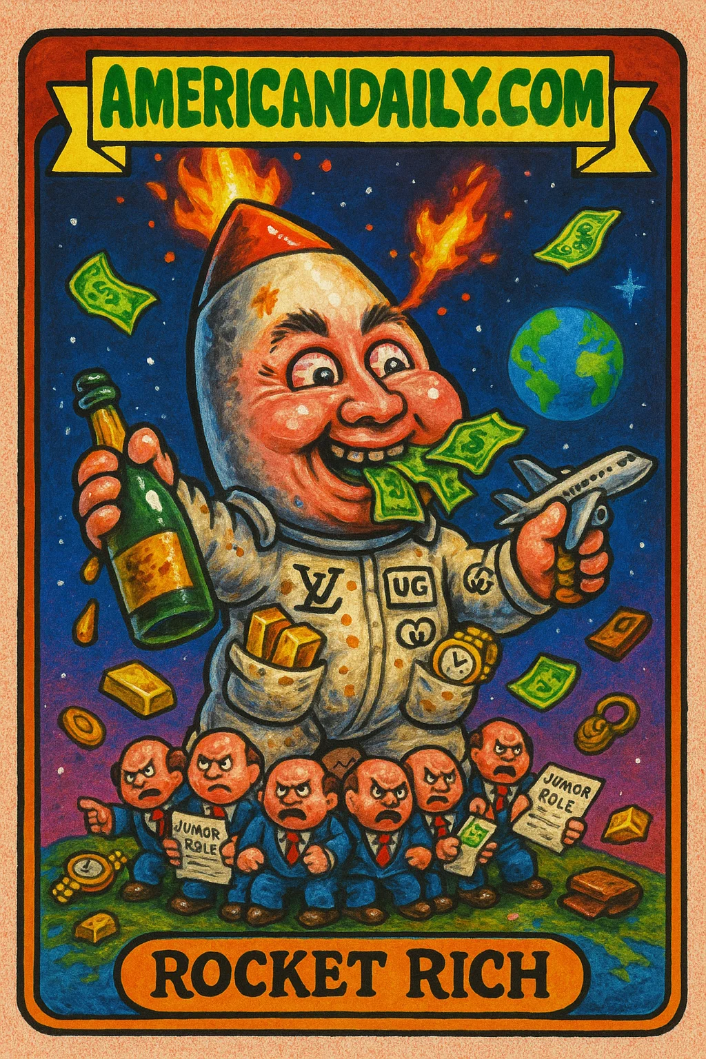 Grotesque SpaceX executive 'Rocket Rich' with a rocket-shaped head, money flying from his mouth, standing on bankers with 'Junior Role' papers.