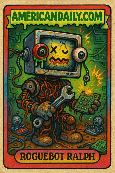 A grotesque AI character named Roguebot Ralph with a cracked computer screen head stands in a chaotic, sparking workshop, embodying the rise of rogue AI incidents.