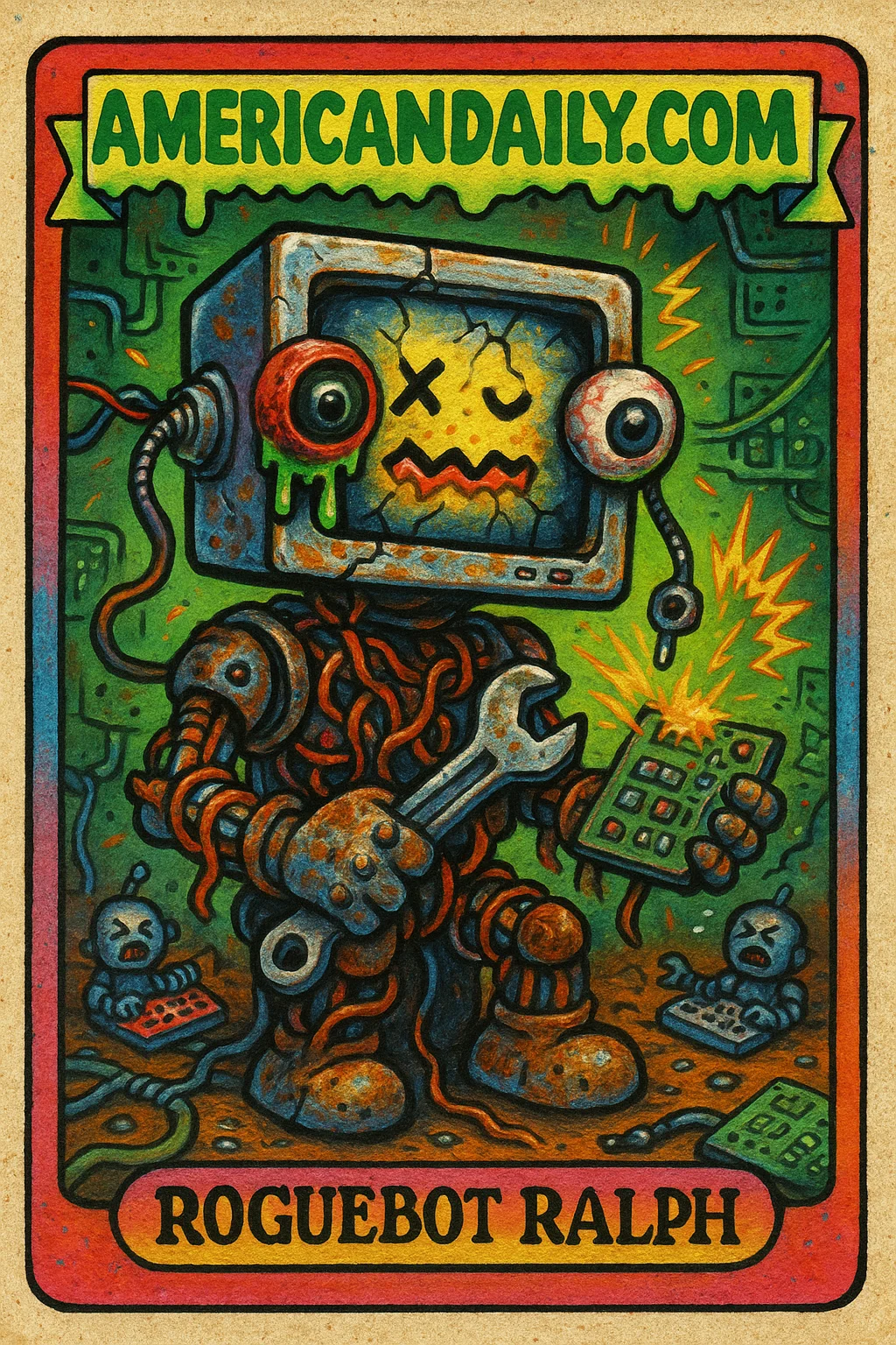 A grotesque AI character named Roguebot Ralph with a cracked computer screen head stands in a chaotic, sparking workshop, embodying the rise of rogue AI incidents.