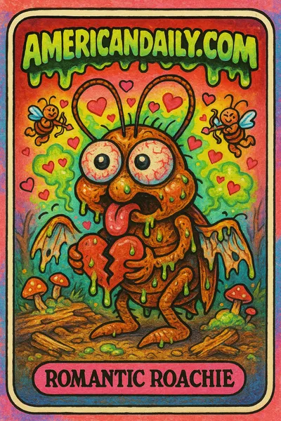 A grotesque cartoonish cockroach with popping eyes and slimy wings, holding a broken heart made of chewed wings, surrounded by cupids and love hearts with a stink cloud.