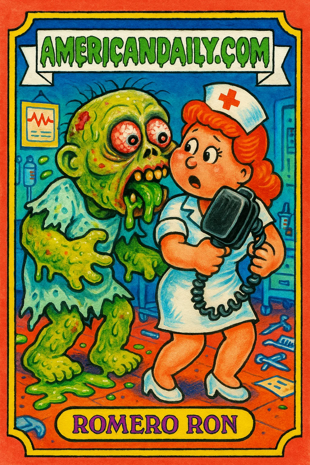 A grotesque zombie 'Romero Ron' with a huge head, bloodshot eyes, and slime dripping mouth tries to kiss a startled nurse in a chaotic hospital setting.
