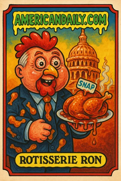 A grotesque senator with a chicken head holds a rotisserie chicken, surrounded by a Capitol made of bones.