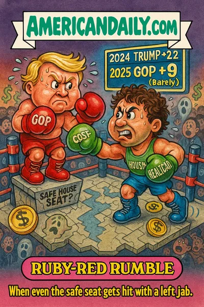 Cartoon trading card showing "Ruby-Red Rumble": a boxing ring shaped like a House district map, two fighters - a red-gloved GOP incumbent on one corner, a green-gloved challenger on the other - campaign-slogan ropes reading "Inflation", "Housing", "Healthcare", a scoreboard overhead showing "2024 Trump +22 ↘ 2025 GOP +9 (Barely)", a crowd of worried voters and dollar-sign ghosts surrounding the ring; top banner "AMERICANDAILY.COM"; bottom nameplate "RUBY-RED RUMBLE" with caption "When even the safe seat gets hit with a left jab."