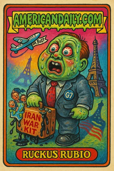 A grotesque senator with a wide-open mouth stands in front of the Eiffel Tower, holding a suitcase labeled 'Iran War Kit' as mini world leaders pop out.