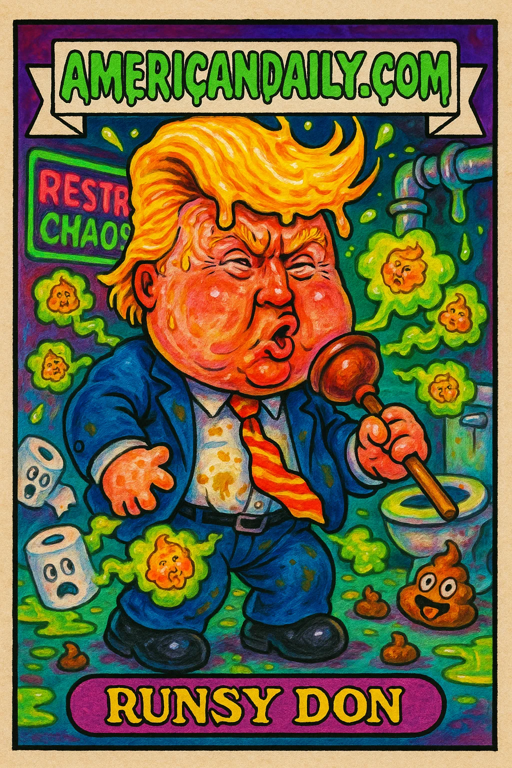 A grotesque parody of Donald Trump as 'Runsy Don' causing chaos with explosive gas clouds and a frantic restroom background in vivid colors.