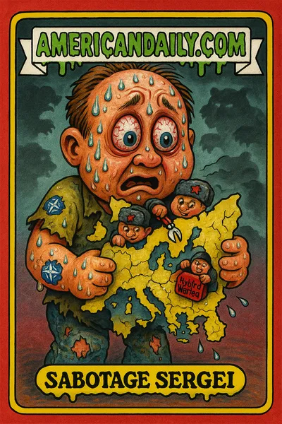 A grotesque cartoon character 'Sabotage Sergei' represents Europe under Russian sabotage, frantically patching leaks on his body with NATO band-aids, surrounded by tiny Russian spies.