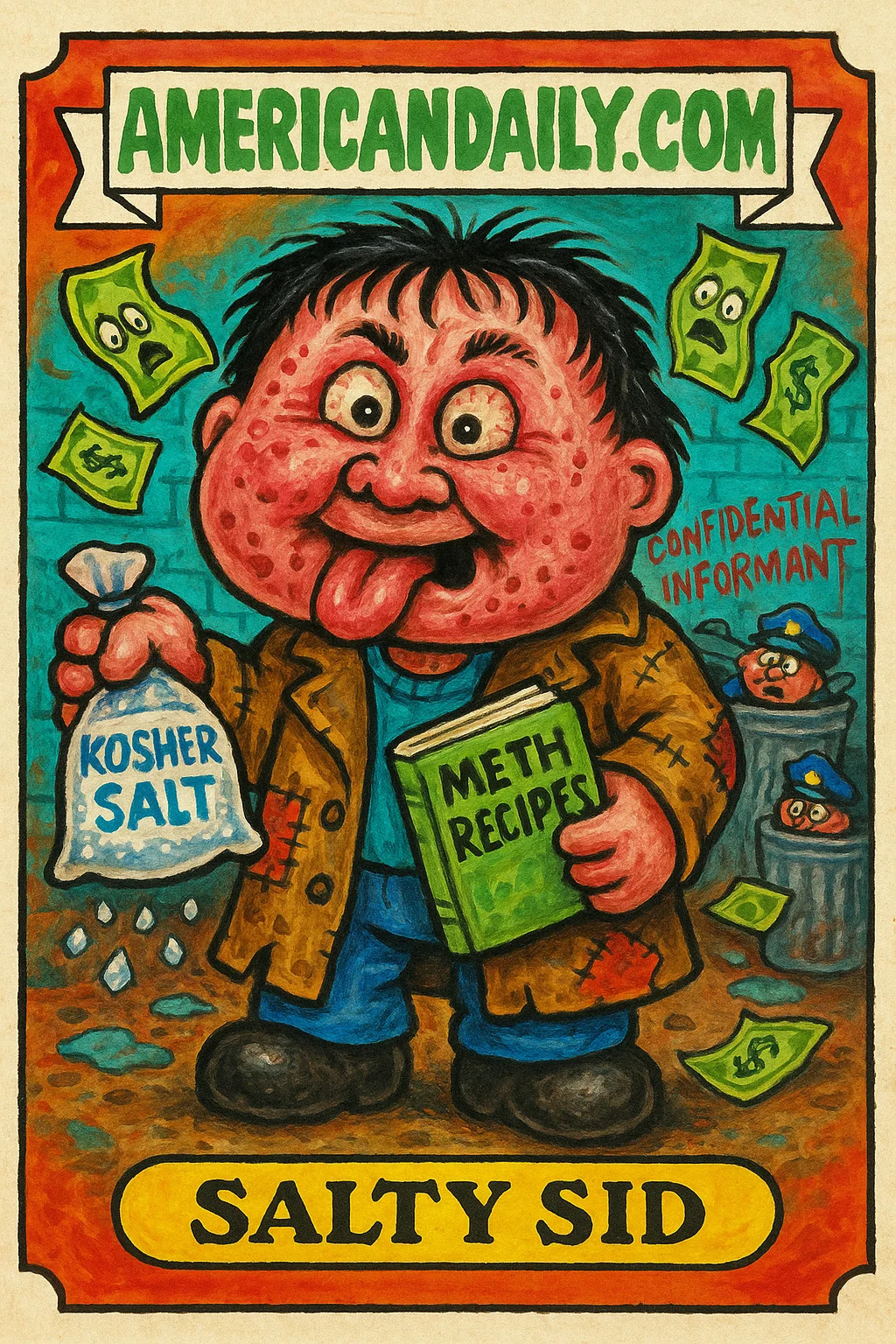 A grotesque parody illustration of 'Salty Sid,' a bungling hustler caught selling kosher salt as meth, in a chaotic, cluttered alley.