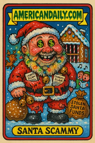 A satirical trading card featuring a shifty SantaCon organizer as 'Santa Scammy', depicting the character in a grimy Santa suit with dollar sign eyes, fake snow, and 'Charity Scam' receipts.