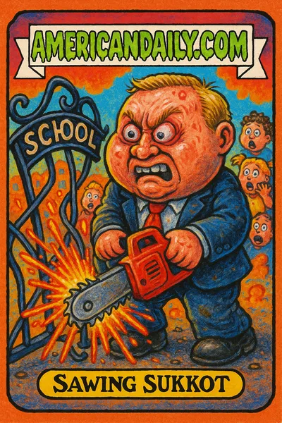 A grotesque far-right lawmaker uses a giant electric saw on a twisted school gate with sparks flying and shocked onlookers in the background.