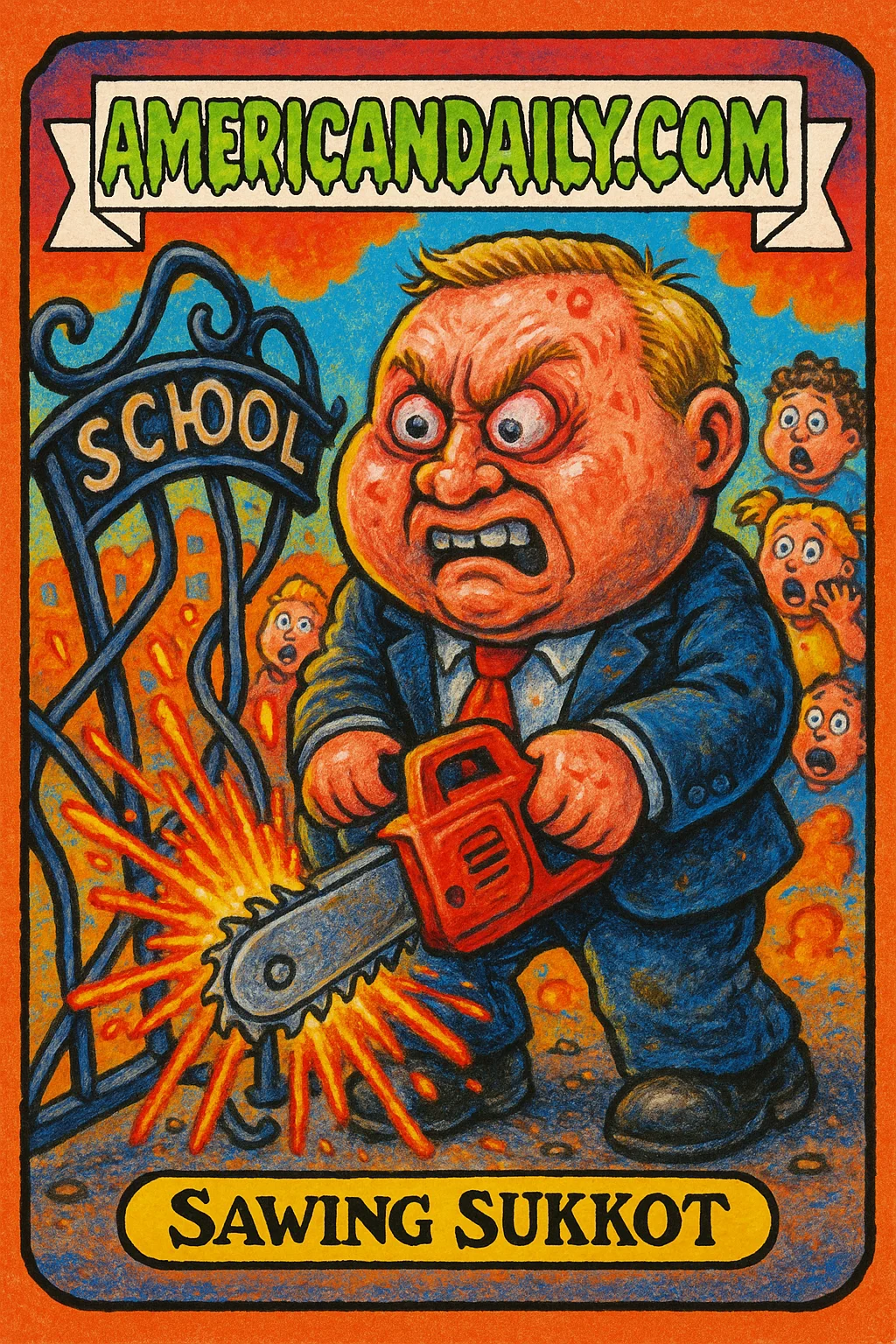 A grotesque far-right lawmaker uses a giant electric saw on a twisted school gate with sparks flying and shocked onlookers in the background.