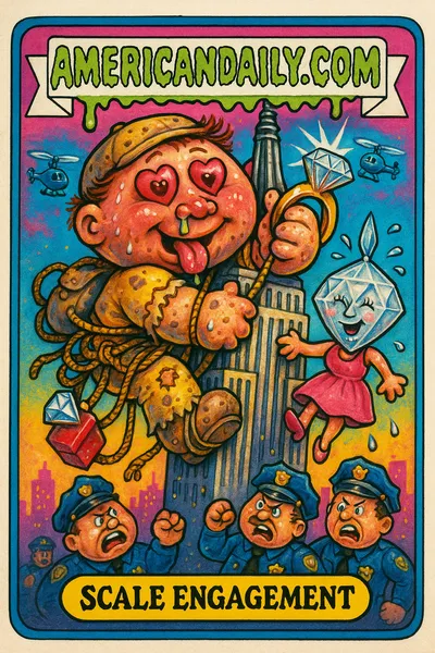 A cartoonish card showing a daredevil climber with heart-shaped eyes proposing atop a distorted Empire State Building, surrounded by exaggerated chaos.
