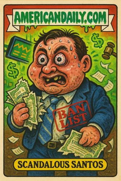 Trading card depicting 'Scandalous Santos', a grotesque caricature of George Santos with insider trading props and chaotic stock market background.