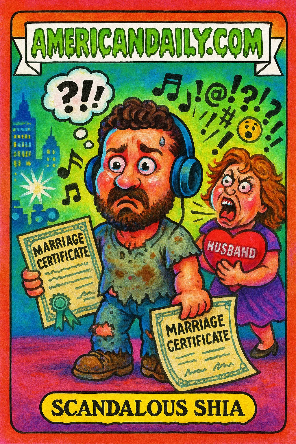 A grotesque cartoon of Shia LaBeouf confusedly confronted by a woman clutching a heart pillow, with a thought bubble of question marks above his head.
