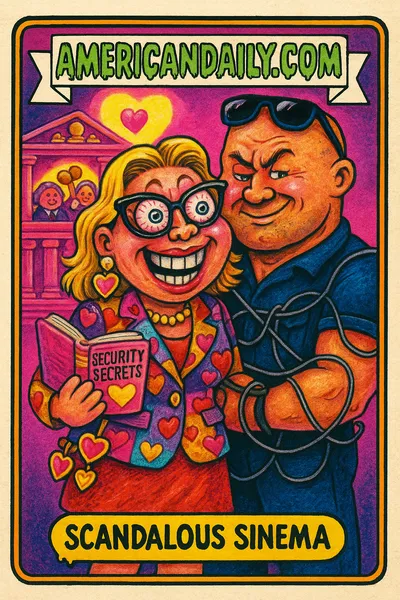 Cartoon depiction of Kyrsten Sinema with exaggerated features, embracing a muscular security guard amidst a chaotic courtroom backdrop.