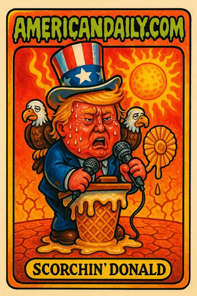 A grotesque cartoon of Trump, sunburnt and sweating, wearing an Uncle Sam hat on a melting podium, with eagles and a sweltering environment.
