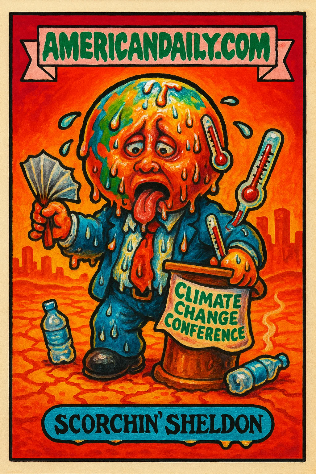 A satirical trading card cartoon of 'Scorchin' Sheldon', a sweaty character with a shrinking suit at an ironic heat-canceled climate event.